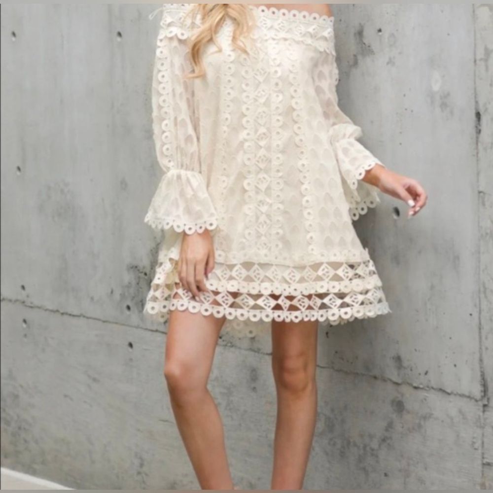 Champagne & Strawberry crochet lace teared cream boho off shoulder dress size S